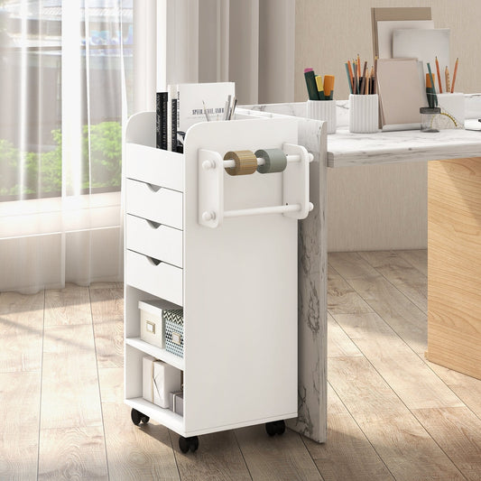 Mobile Rolling Storage Cart with 3 Drawers 2 Shelves and 2 Dowel Rods-White
