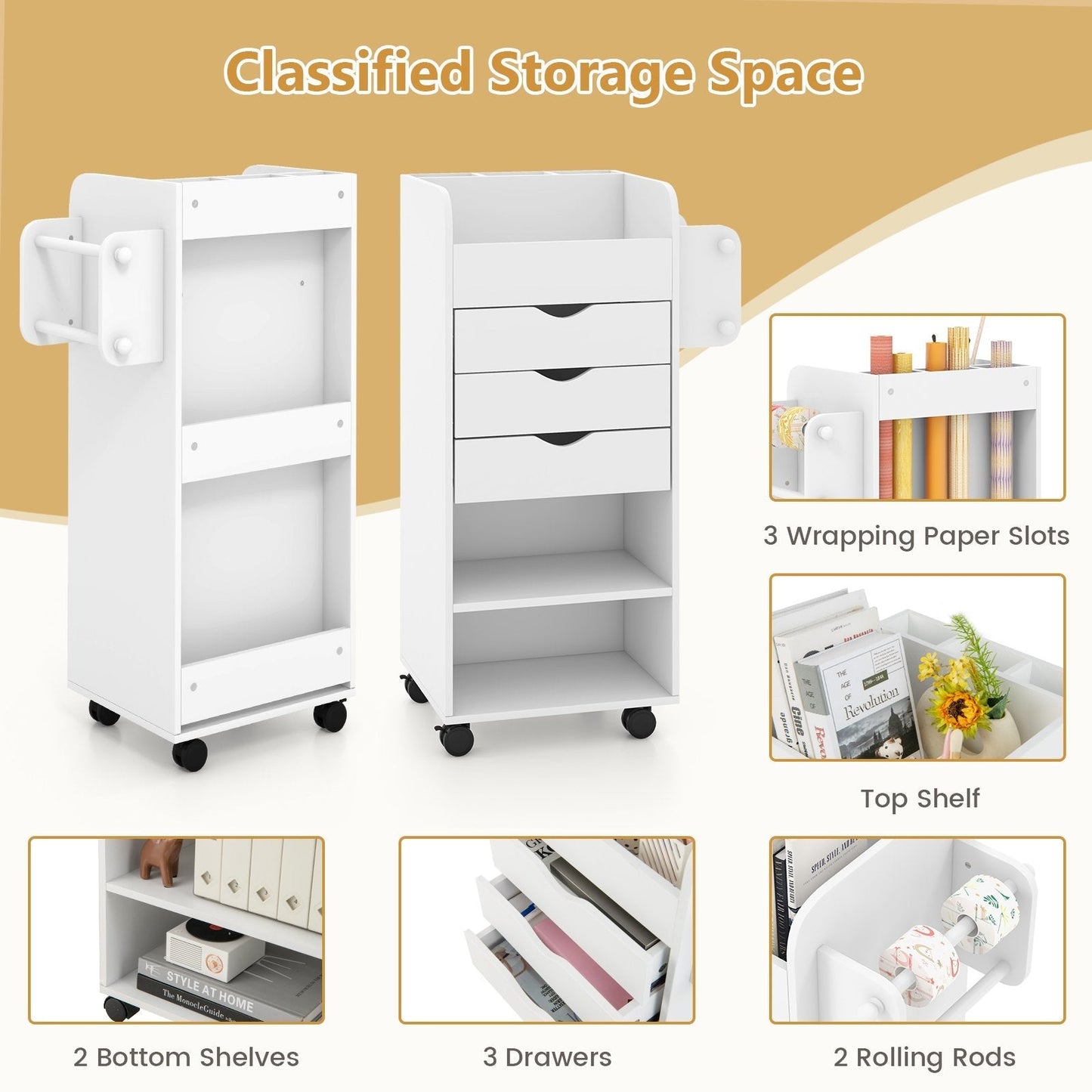 Mobile Rolling Storage Cart with 3 Drawers 2 Shelves and 2 Dowel Rods-White