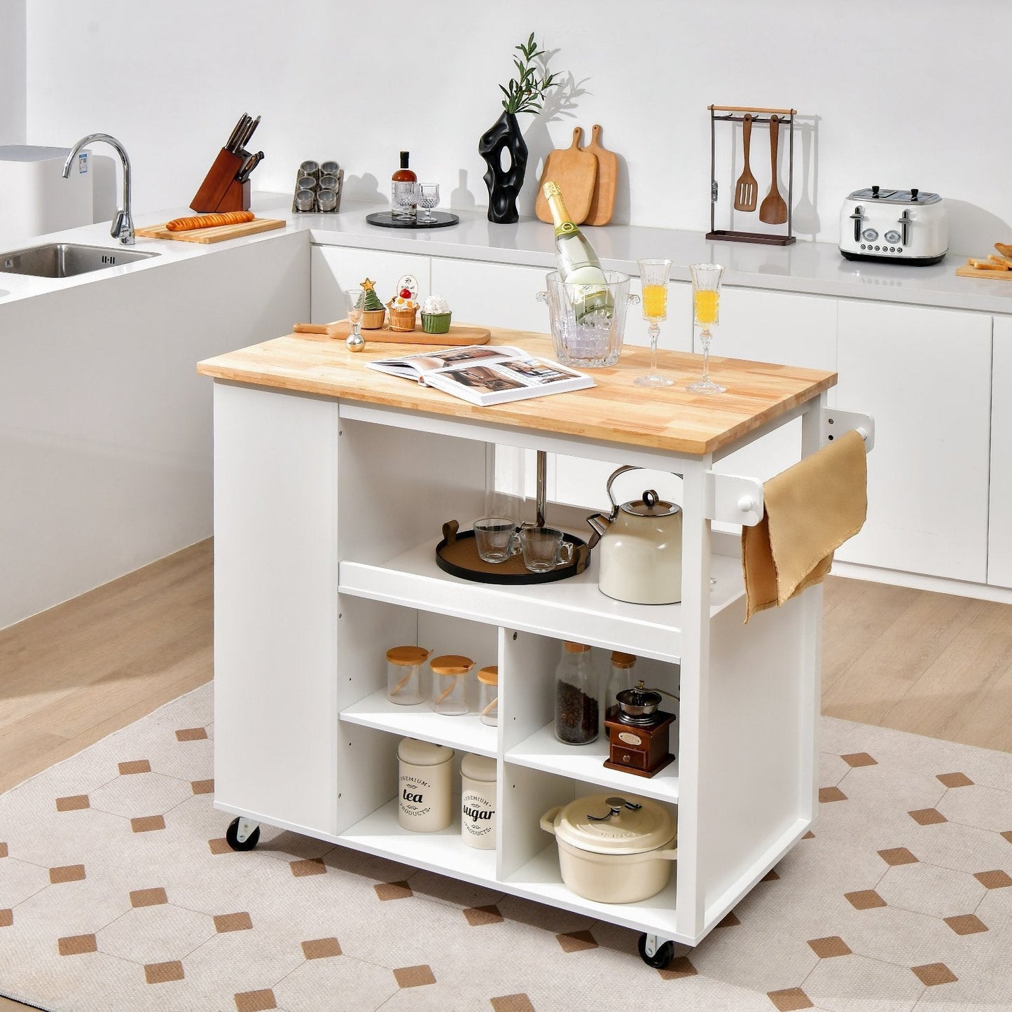 Mobile Serving Trolley Cart with Rubber Wood Top and Drawer-White