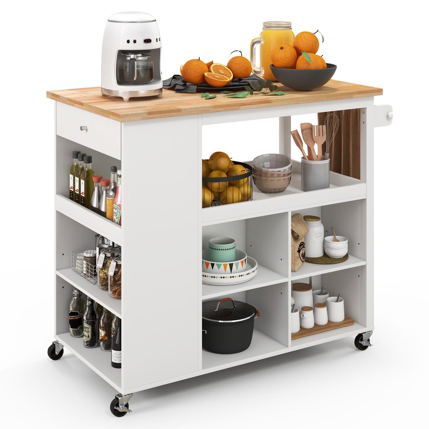Mobile Serving Trolley Cart with Rubber Wood Top and Drawer-White