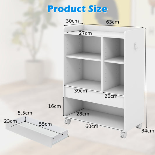 Mobile Storage Cabinet with Drawer and Adjustable Shelves-White