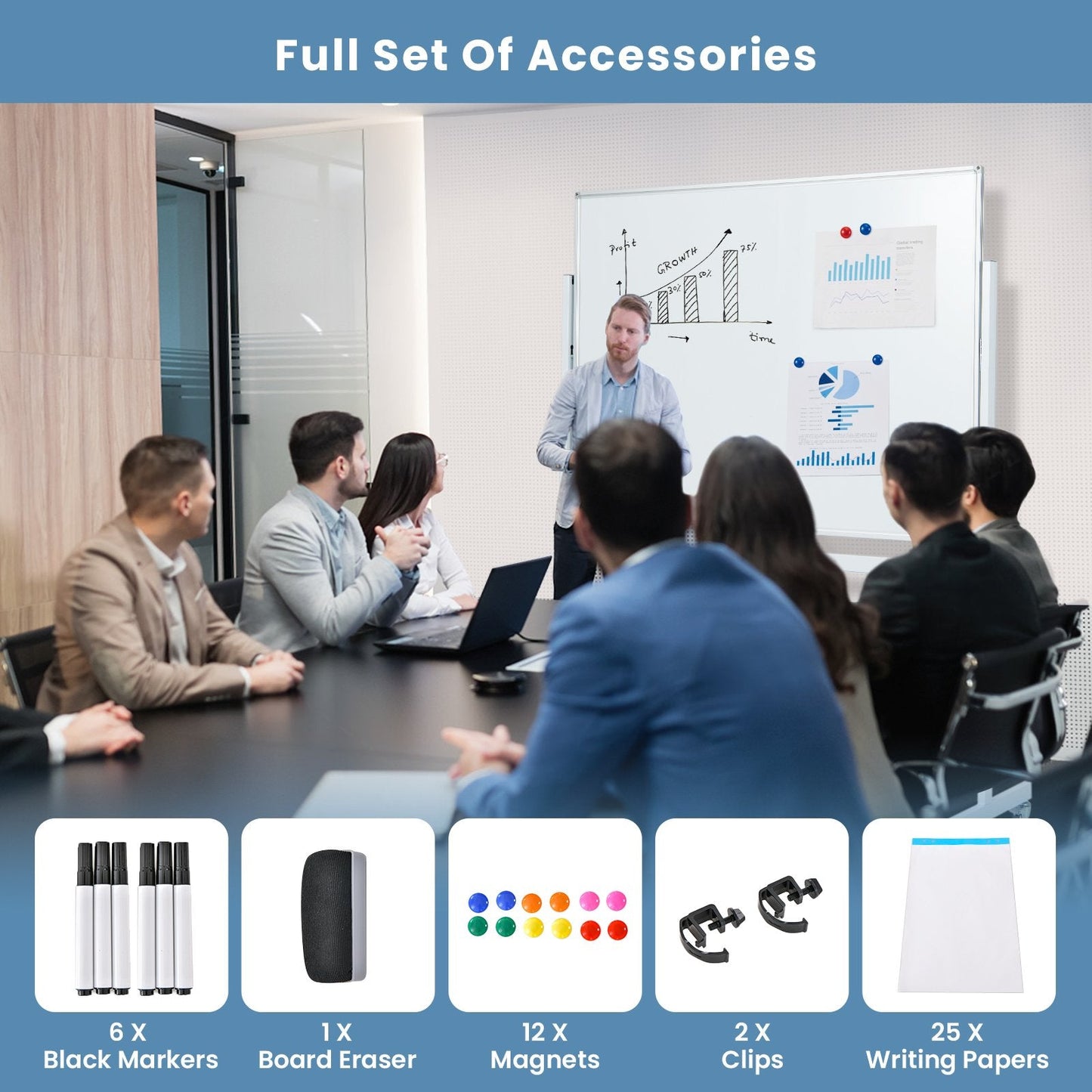 Mobile Whiteboard Reversible with Grid Pattern Board and Board Eraser-White