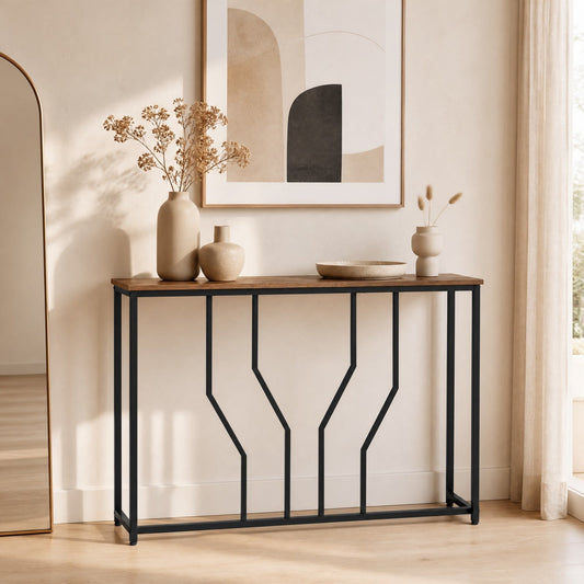 Modern White Faux Marble Entryway Table with Geometric Metal Frame for Living Room-Rustic Brown