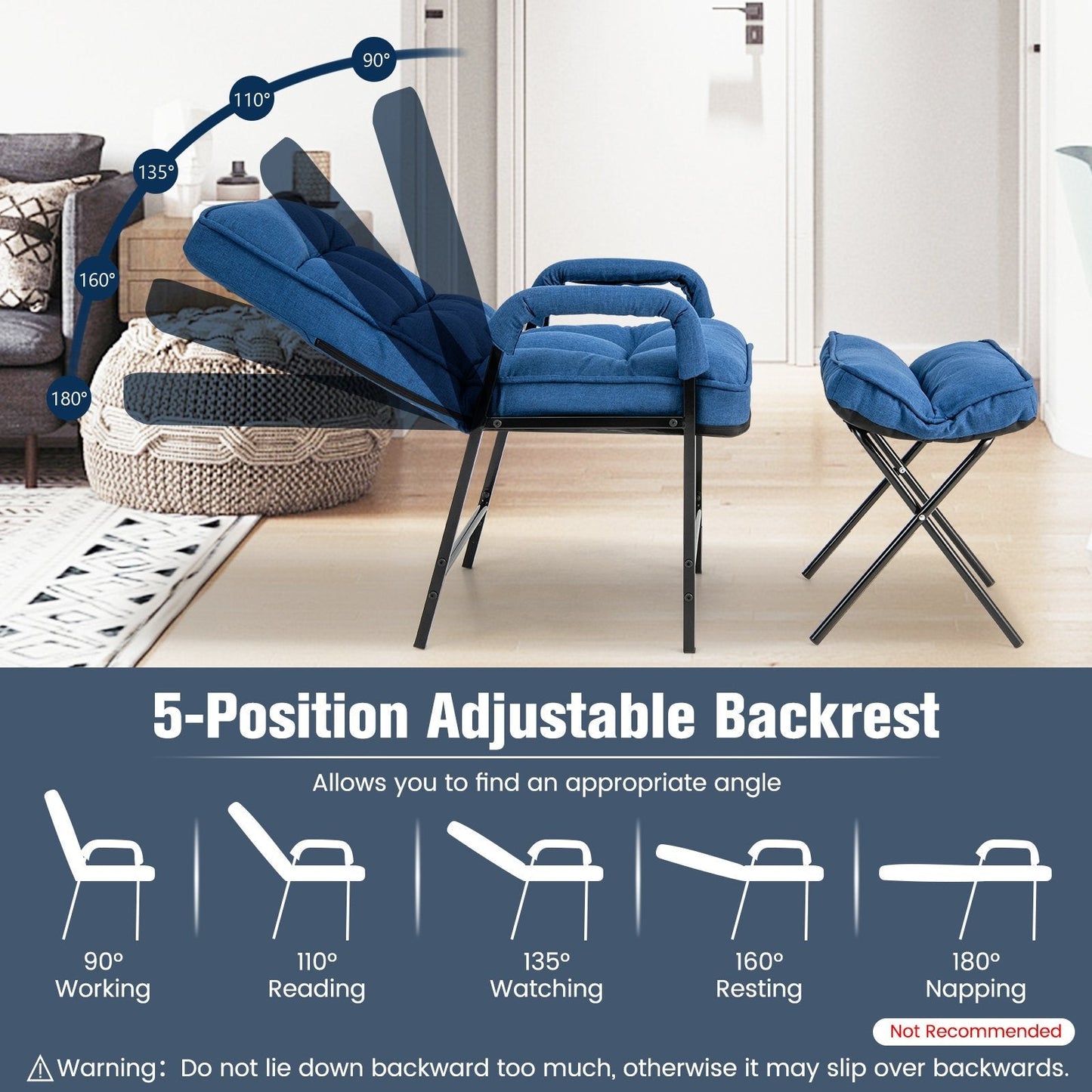 Modern Accent Chair Linen Fabric Arm Chair with Ottoman-Blue