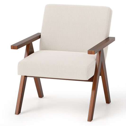 Modern Accent Chair Linen Fabric Armchair with Solid Acacia Wood Frame-Beige