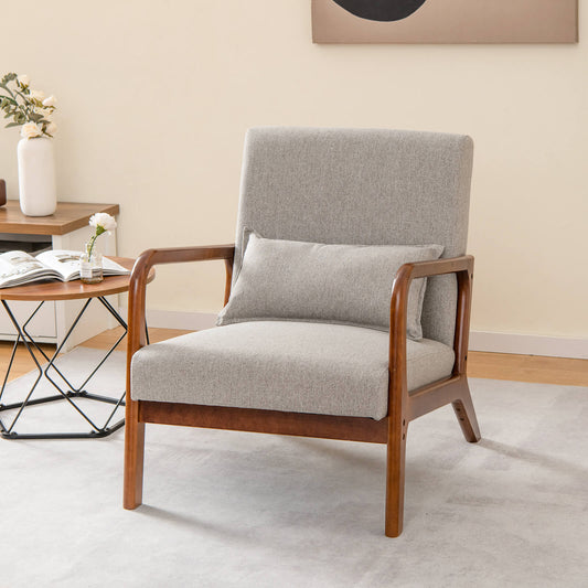 Modern Accent Chair with Lumbar Pillow and Rubber Wood Frame-Grey