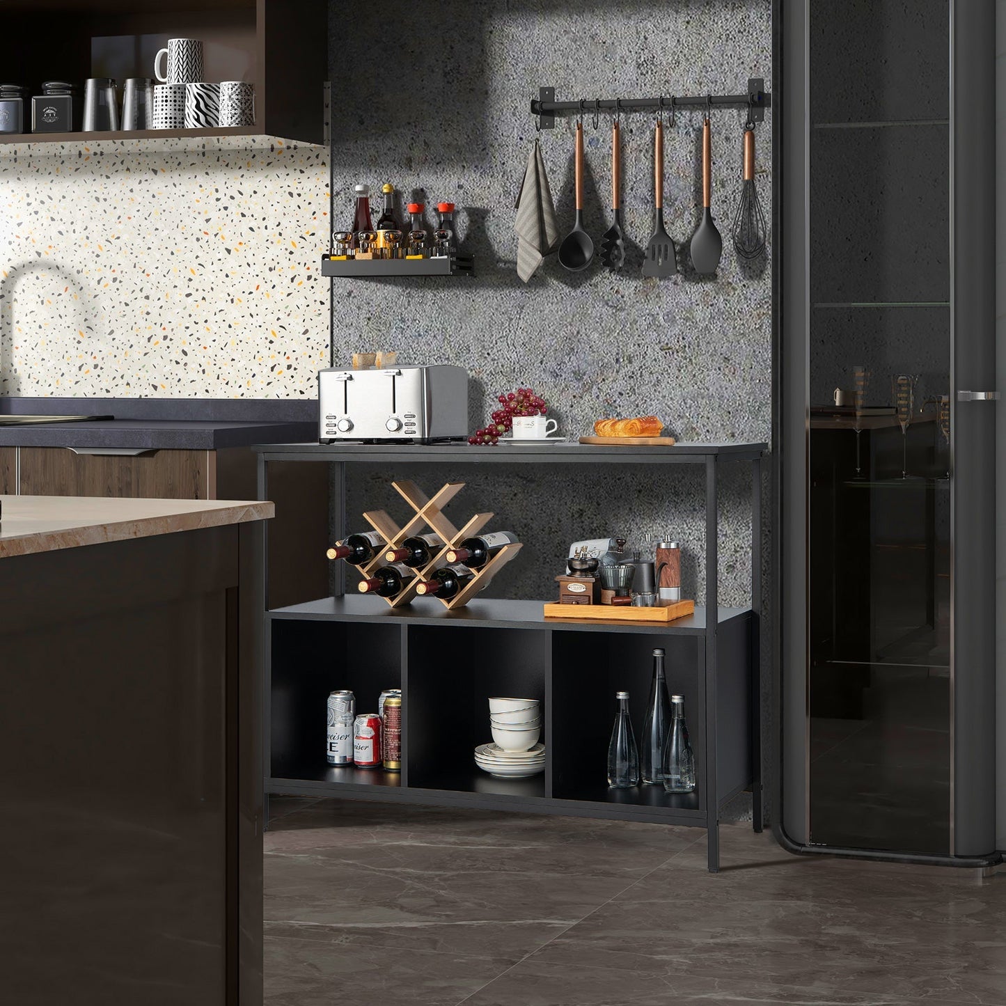 Modern Buffet Sideboard with Steel Frame, Open Shelf and 3 Compartments-Black