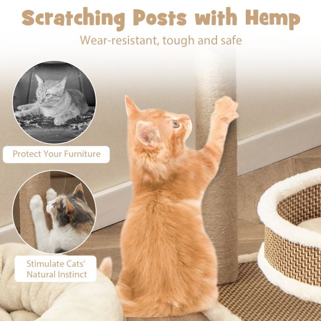 Modern Cat Tower with Rattan Mat and 3 Hanging Ball Toys