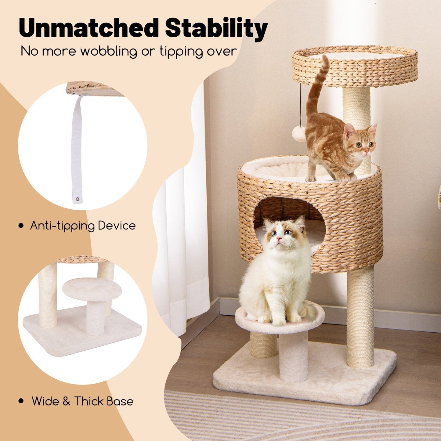 Modern Cat Tower with Top Perch and Removable Cushion-Natural