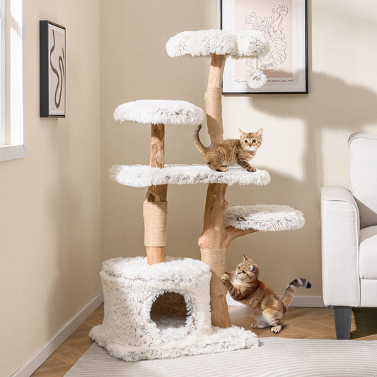 135cm Cat Tree Wooden Cat Tree with Cat Cave Plush Seat Platform & Ball White