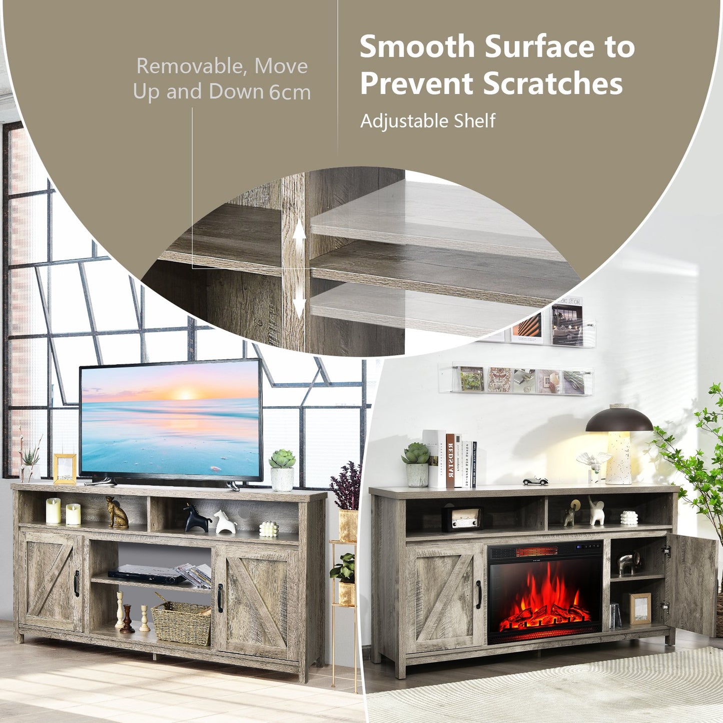 Modern Farmhouse TV Cabinet with Barn Doors for TVs Up to 65 Inches-Natural