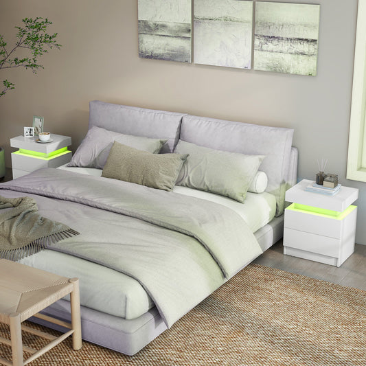 Faux Marble Modern Nightstand with 2 Drawers and LED Light-White