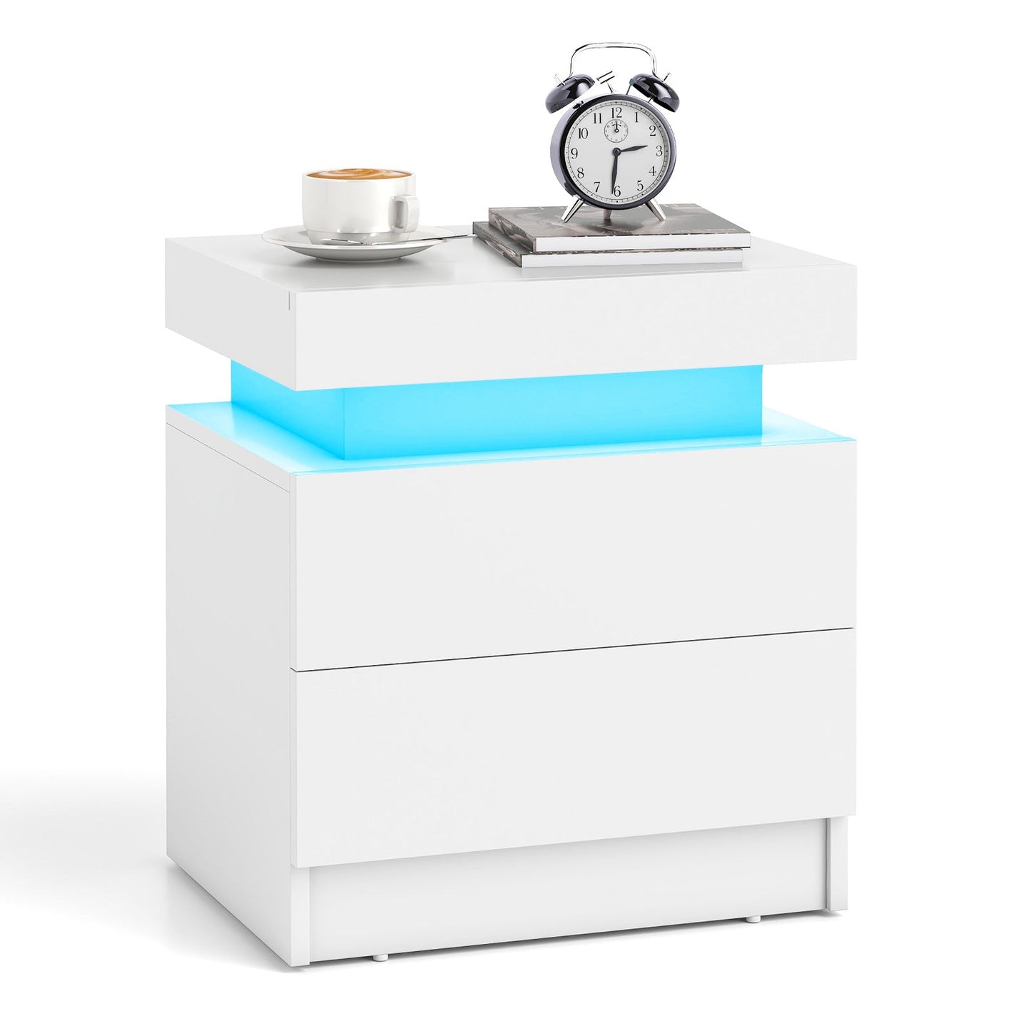 Faux Marble Modern Nightstand with 2 Drawers and LED Light-White