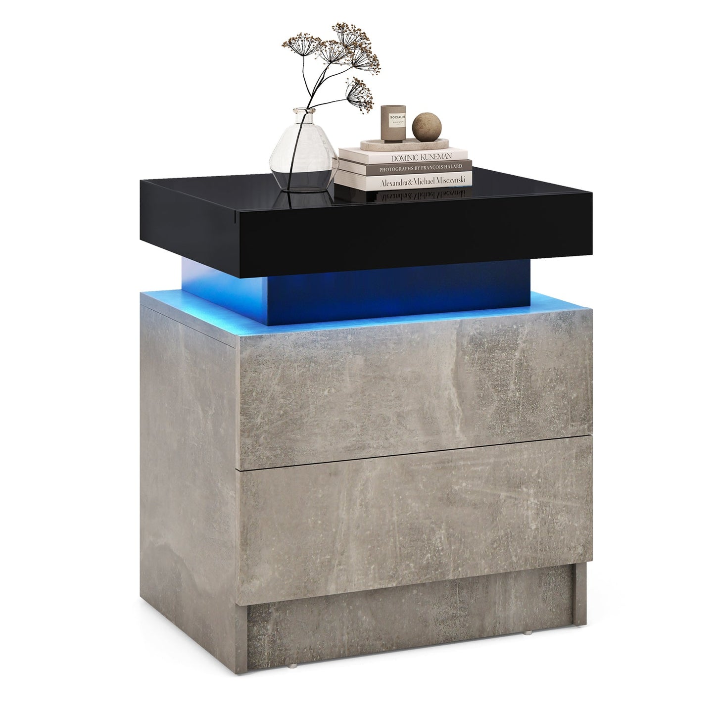Modern Nightstand Faux Marble End Table with 2 Drawers and LED Light-Grey