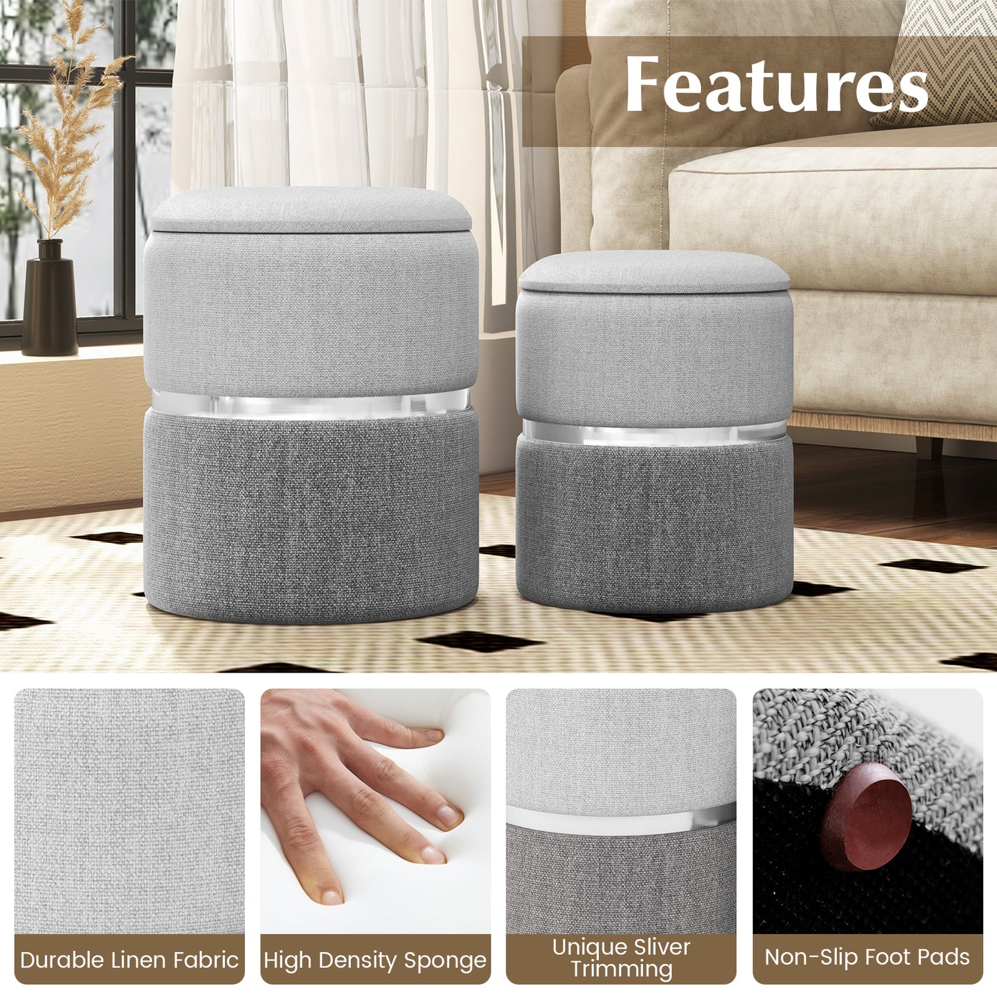 Modern Round Linen Fabric Storage Ottoman Set of 2-Grey