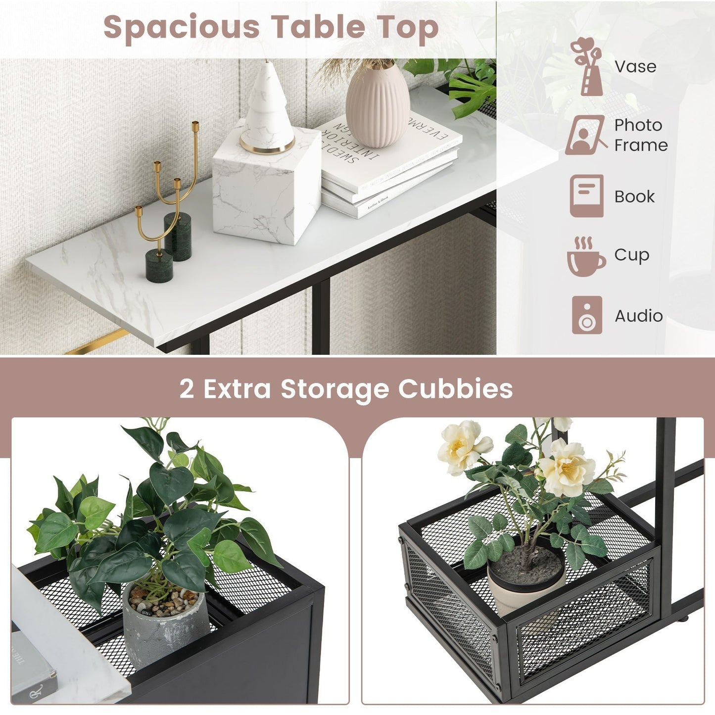 Modern Sofa Accent Console Table with 2 Storage Mesh Cubes-Black & White