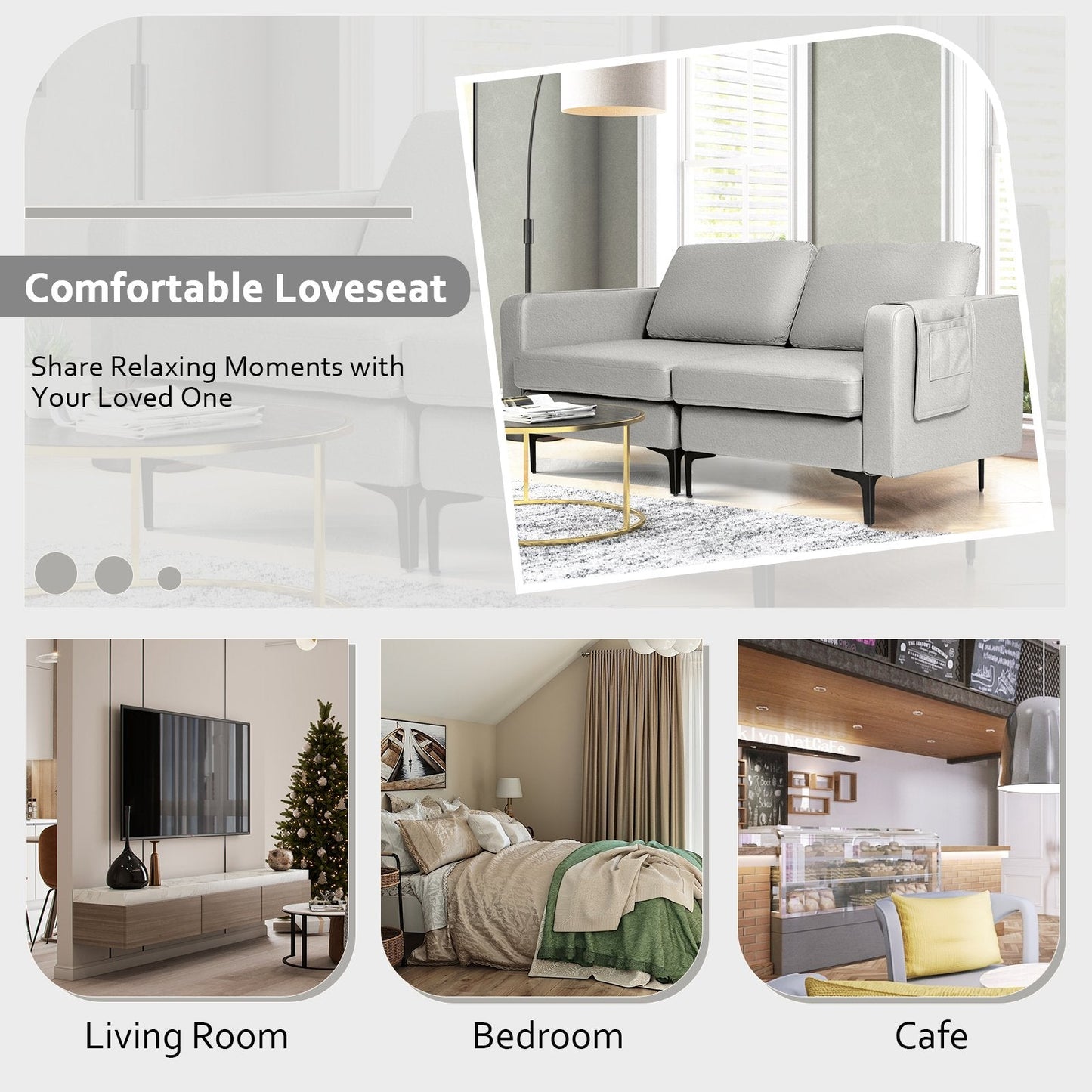 Modern 2-Seat Modern Sofa Couch with Detachable Remote Control Holder-Light Grey