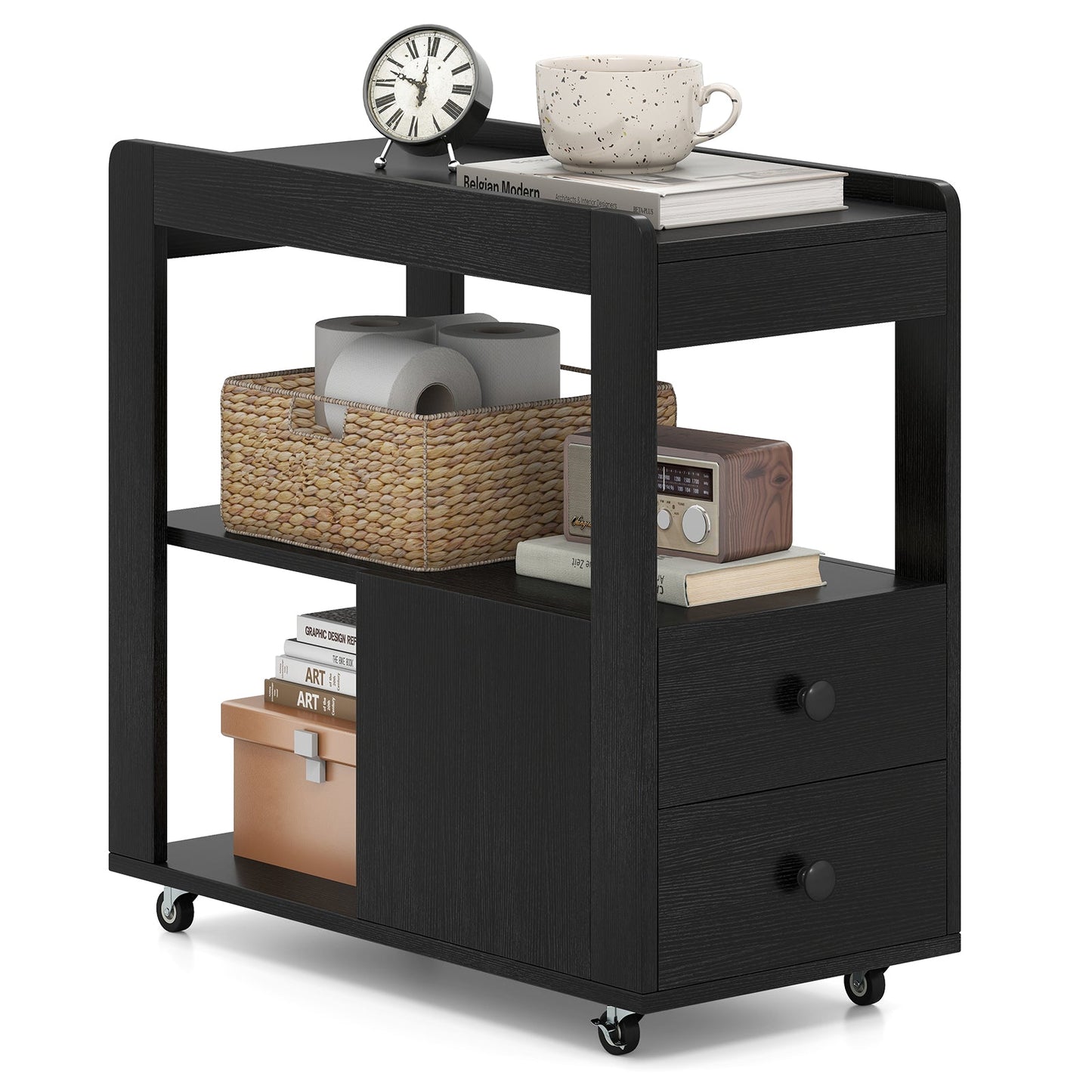 Modern 2-Drawer Sofa Side Table with Open Shelves-Black
