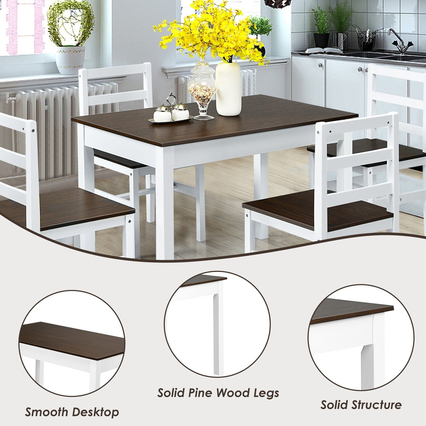 Modern Table and Chairs Set with Solid Pine Wood Legs for Dining Room