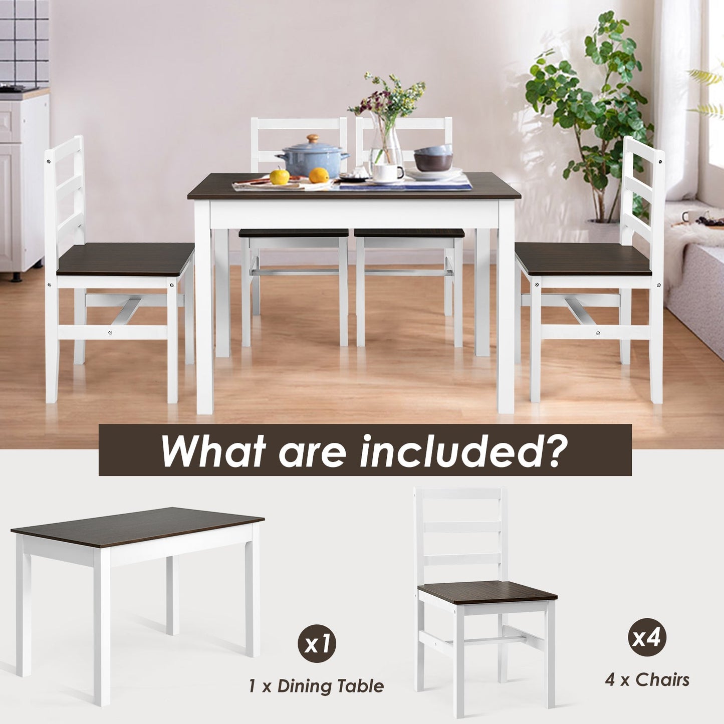 Modern Table and Chairs Set with Solid Pine Wood Legs for Dining Room