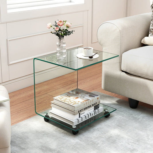 Modern Tempered Glass Side Table with 2-tier Shelf-Transparent