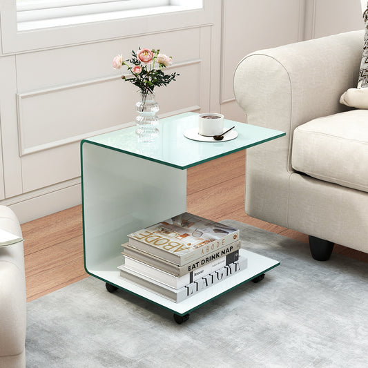 Modern Tempered Glass Side Table with 2-tier Shelf-White