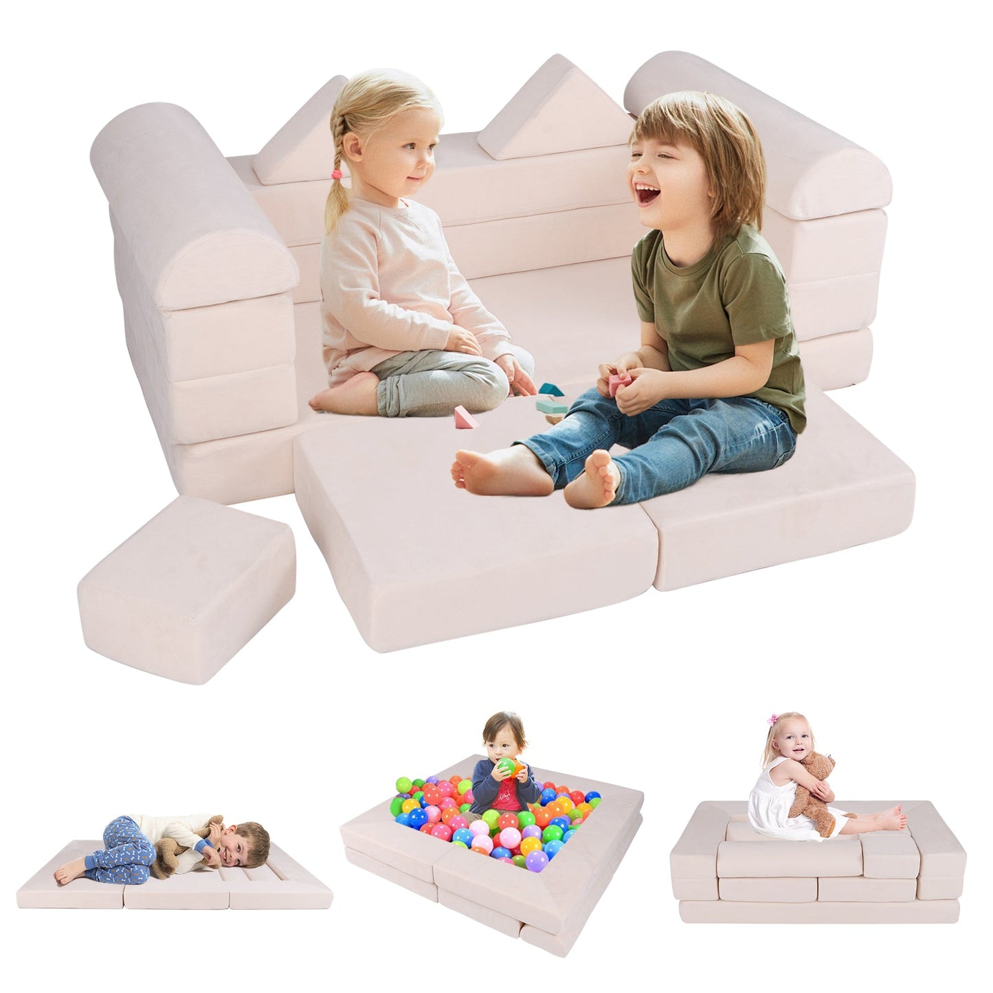 9-Piece Modular Kids Play Couch with Breathable Suede Fabric for Kids-Beige