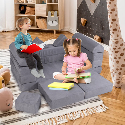 9-Piece Modular Kids Play Couch with Breathable Suede Fabric for Kids-Grey