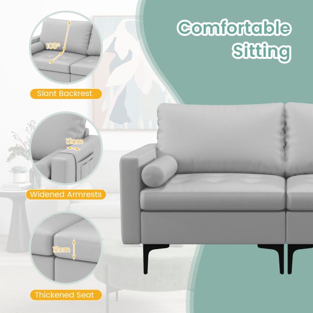 Modular Sectional Sofa Couch with 4 USB Ports, 2 Removable Bolsters-Light Grey