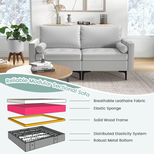 Modular Sectional Sofa Couch with 4 USB Ports, 2 Removable Bolsters-Light Grey