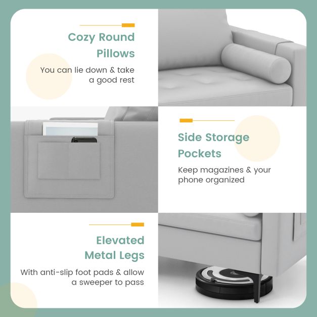 Modular Sectional Sofa Couch with 4 USB Ports, 2 Removable Bolsters-Light Grey