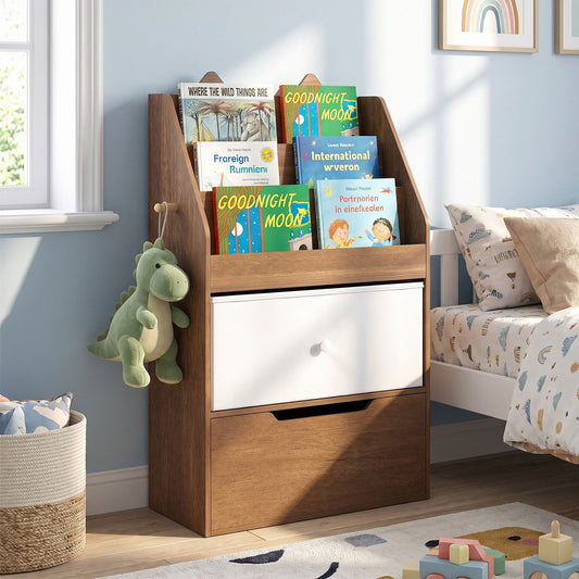 Montessori Wooden Toddler Bookcase & Toy Storage Organizer for Nursery-Natural
