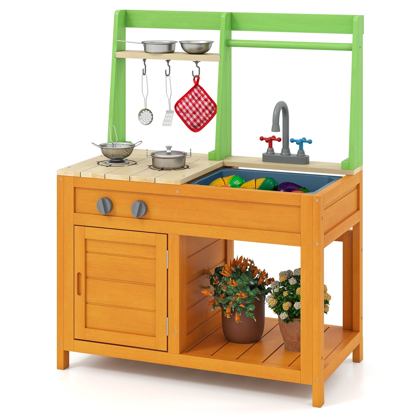 Outdoor Play Kitchen with Realistic Stoves and Cookware Accessories-Orange