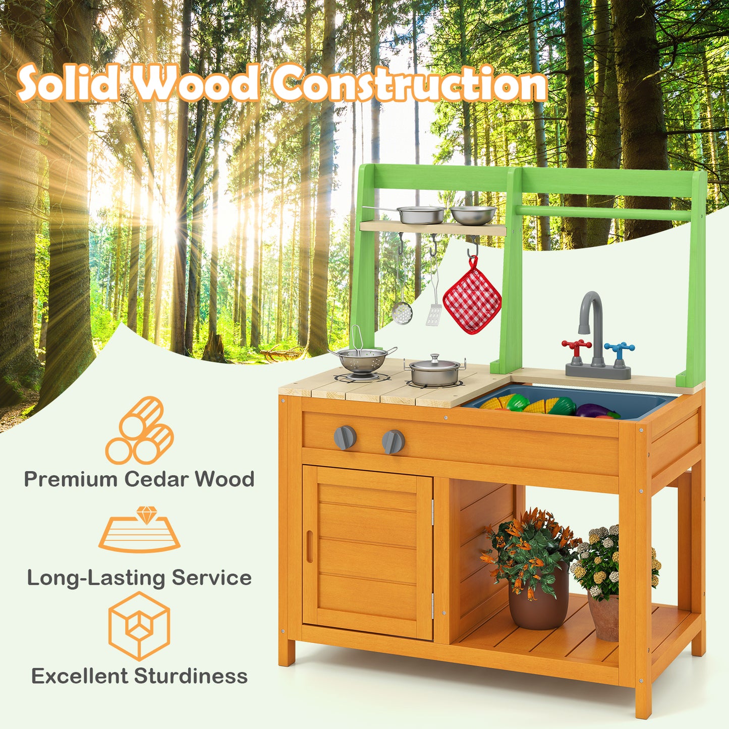 Outdoor Play Kitchen with Realistic Stoves and Cookware Accessories-Orange