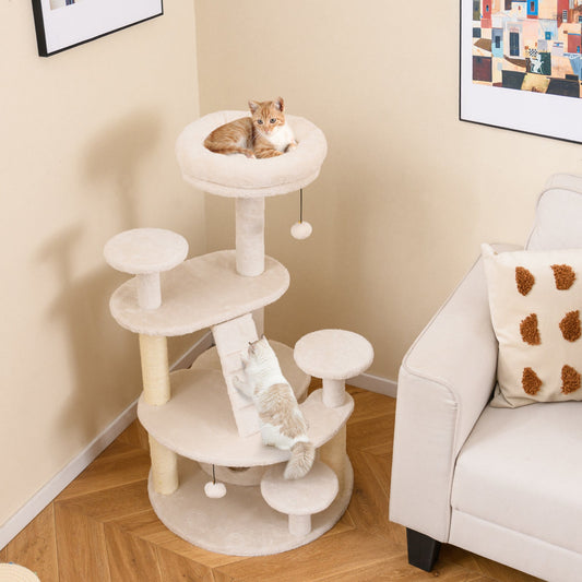 Multi-level Kitty Tower with Padded Perch and Scratching Posts-Beige