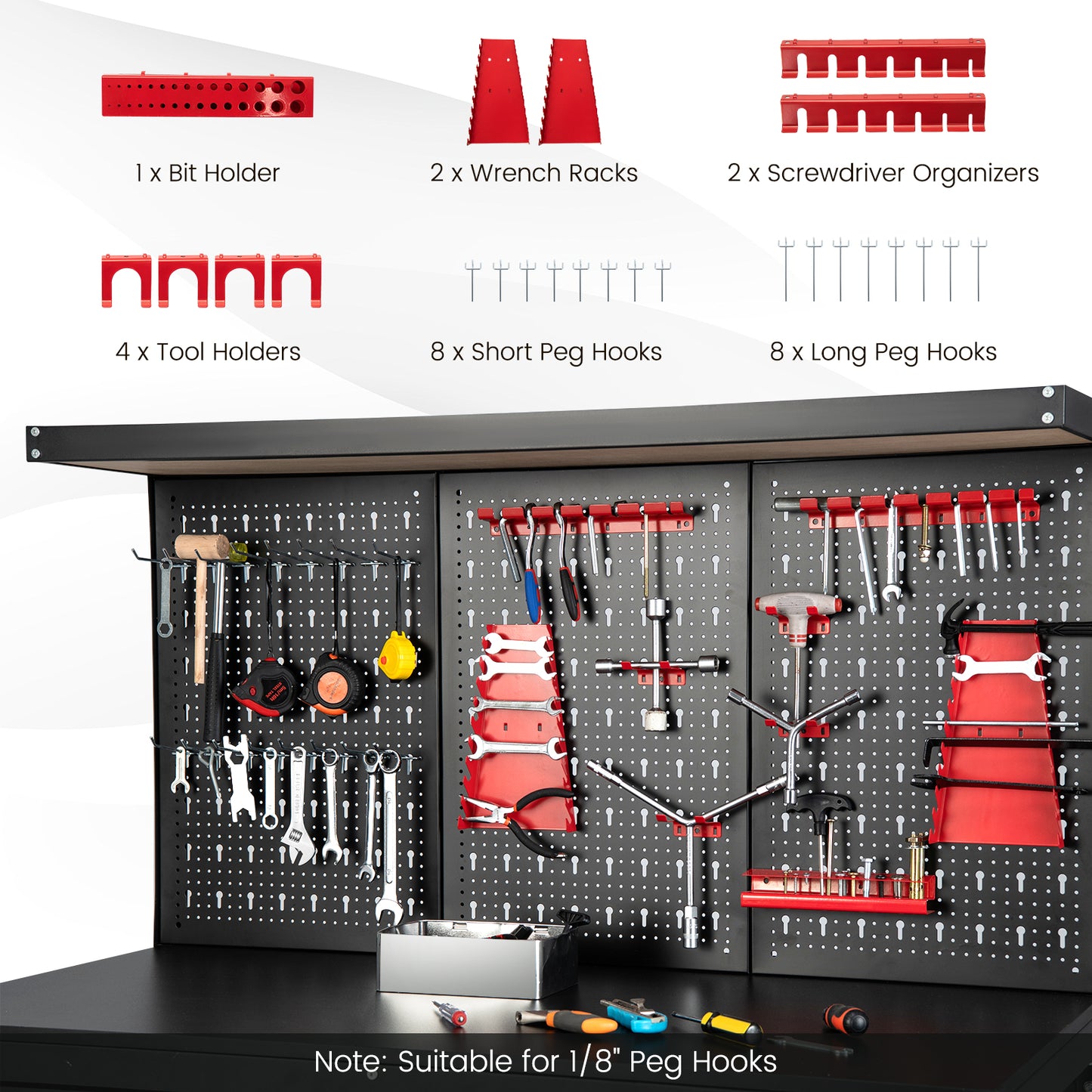 Multipurpose Garage Worktable with Pegboard and Drawers-Black
