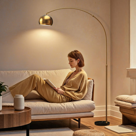 HOMCOM 180cm Arc Floor Lamp for Living Room, Modern Adjustable Standing Lamp with Foot Switch, Faux Black Marble Base and Bell Shade for Home Offices, Bedrooms, Gold Tone