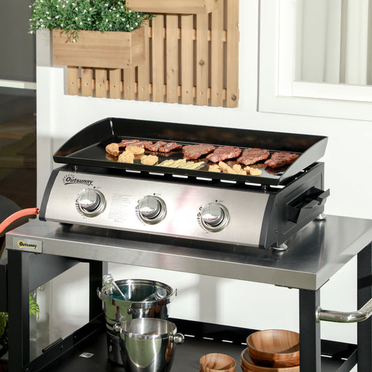 Outsunny 3 Burner Gas Plancha BBQ Grill with Lid in Black, image 2