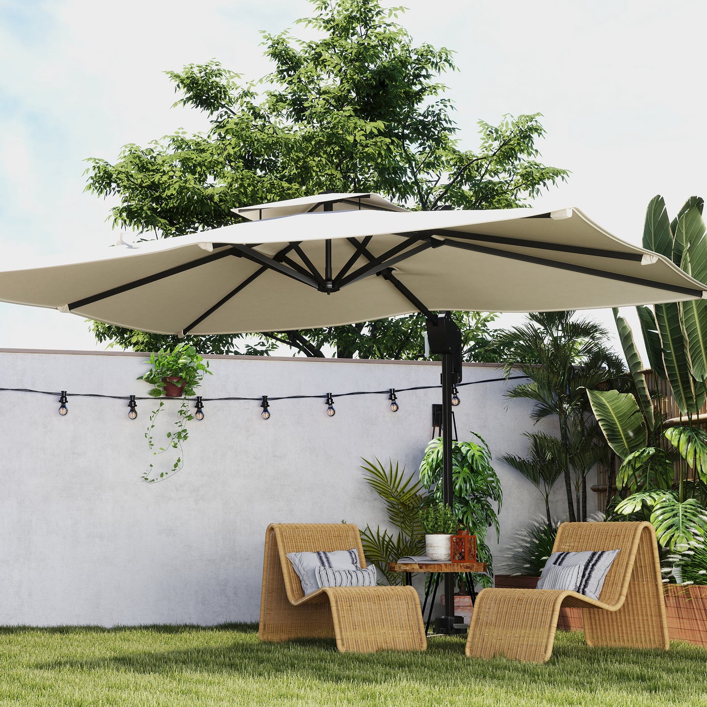 Outsunny 3.7 x 2.7 m Cantilever Parasol w/ 360° Rotation and Easy Tilt Adjustment, Aluminium Hanging Offset Outdoor Umbrella w/ Double Top and Cross Base, UPF50+ Hanging Sun Shade, Black