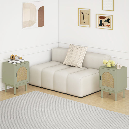 HOMCOM Set of 2 Rattan Bedside Tables, Boho Nightstands with Solid Wood Legs and Storage Cabinet for Living Room, Bedroom, Accent End Side Table, Light Green