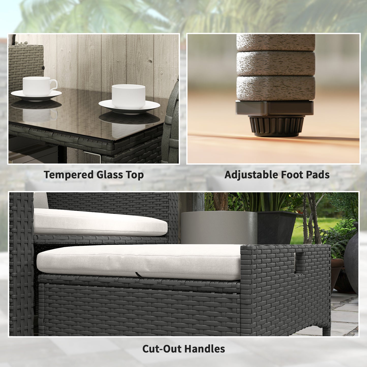 Zestaw mebli ogrodowych Outsunny Five Piece Rattan z 2-poziomowym stolikiem kawowym i pufami - kremowo-biały