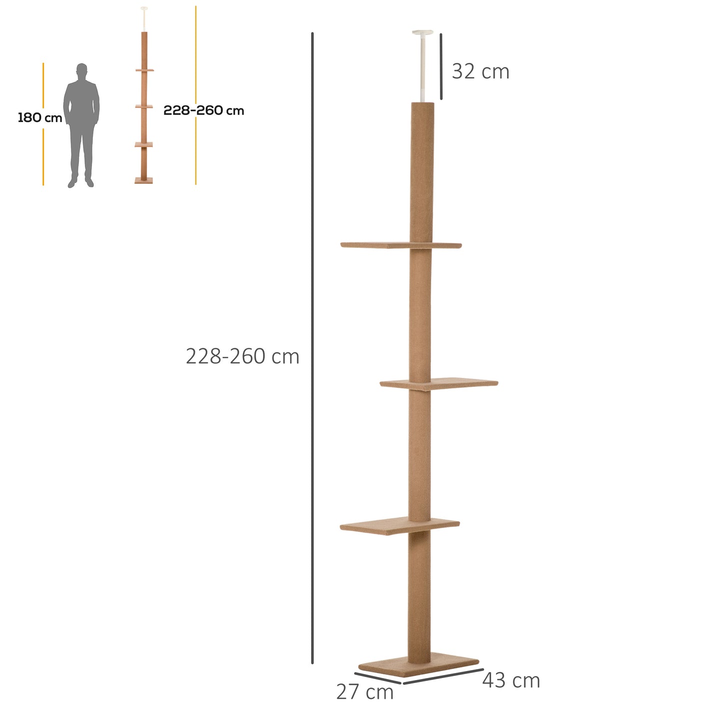 PawHut 260 cm Drzewko dla kotów od podłogi do sufitu dla kotów domowych z trzema platformami, centrum aktywności - brązowe
