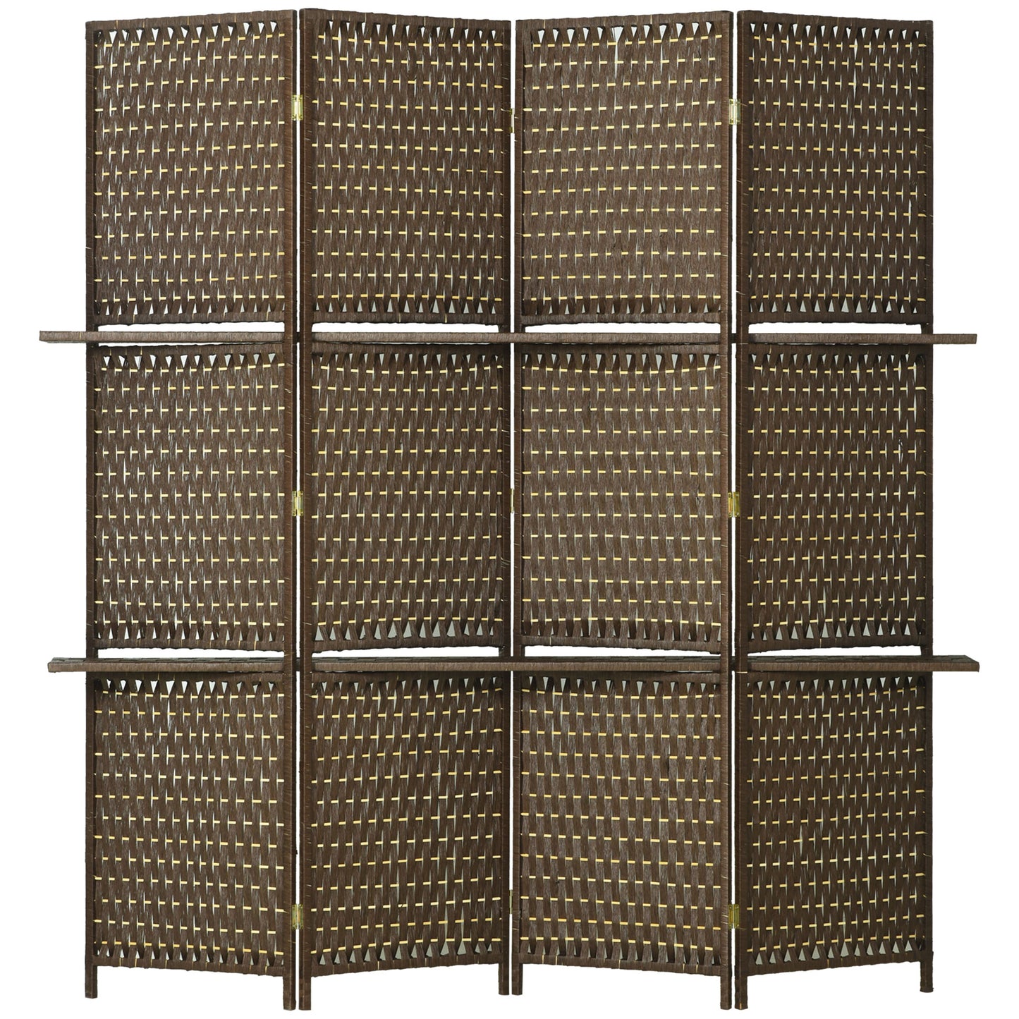 HOMCOM 4-Panel Room Dividers with Shelves, Wave Fibre Freestanding Folding Privacy Screen Panels, Partition Wall Divider for Indoor Bedroom Office, 180Â cm, Brown