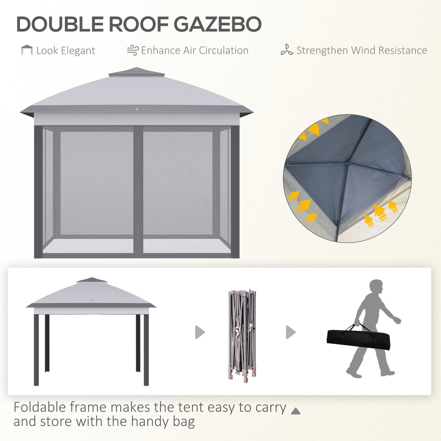 Outsunny 330cm x 330cm Pop Up Canopy, Double Roof Foldable Canopy Tent with Zipped Mesh Sidewalls, Height Adjustable and Carrying Bag, Event Tent for Patio Garden, Grey