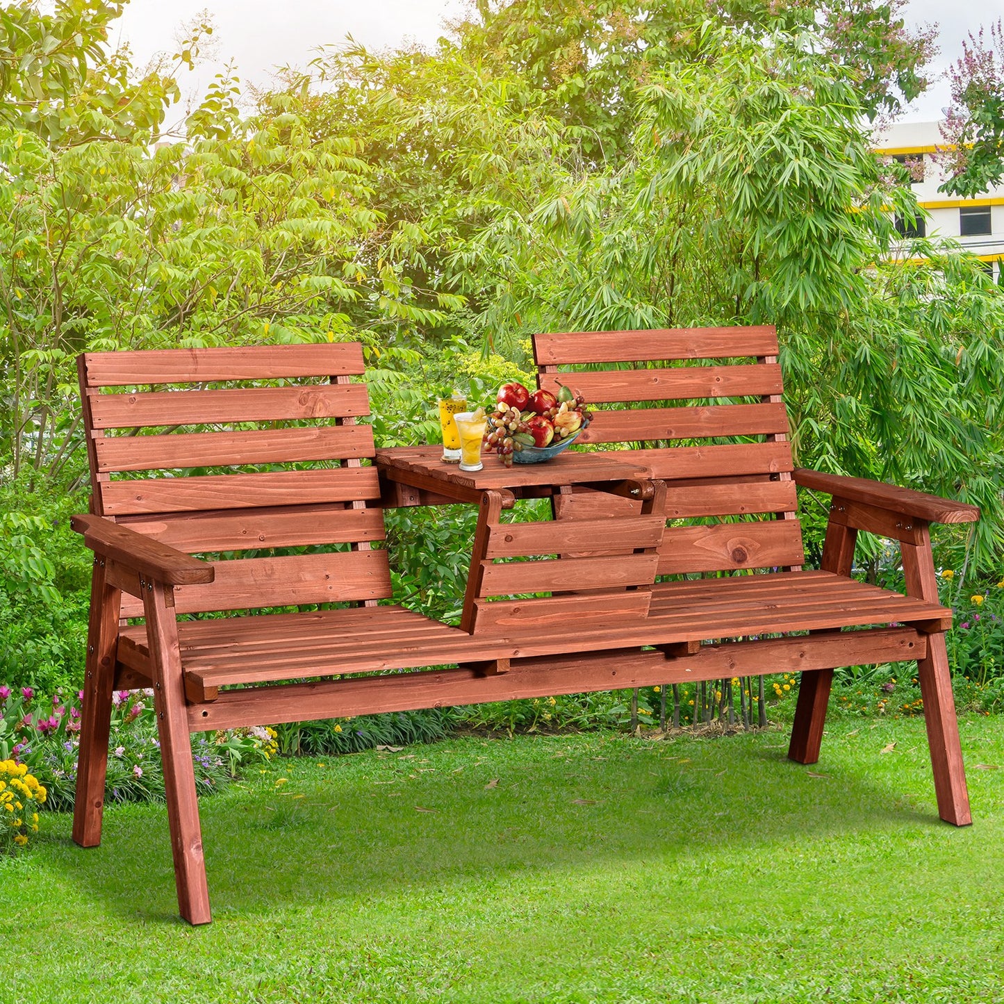 Outsunny Fir Wood Convertible 2 do 3 Seater Outdoor Garden Bench Wood Tone