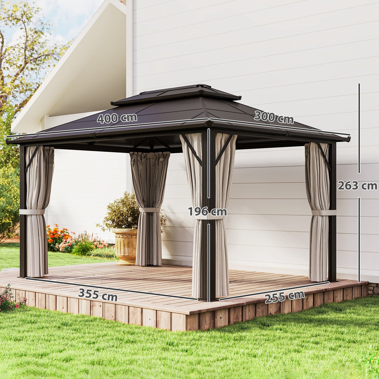 Altana ogrodowa Outsunny 3 x 4 m Hardtop z podwójnym dachem z poliwęglanu UPF30+, aluminiowa rama, stały pawilon z moskitierą i zasłonami na patio, taras, beżowa