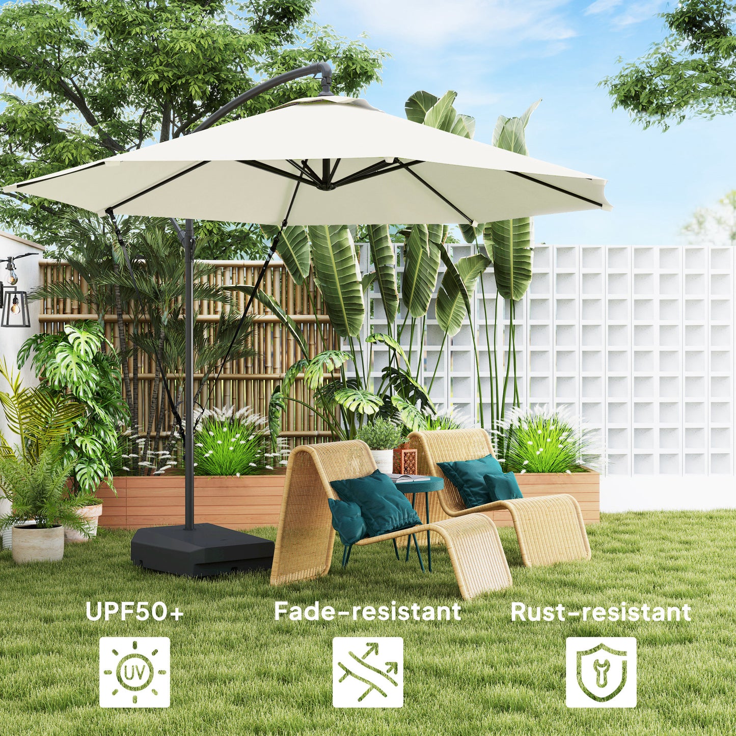 Outsunny 3(m) Parasol ogrodowy z wysięgnikiem i podstawą do napełniania do 90 kg, pasek chroniący przed wiatrem, pokrowiec, okrągły parasol wiszący typu banan z korbką i funkcją pochylania, parasol tarasowy UPF50+, kremowy