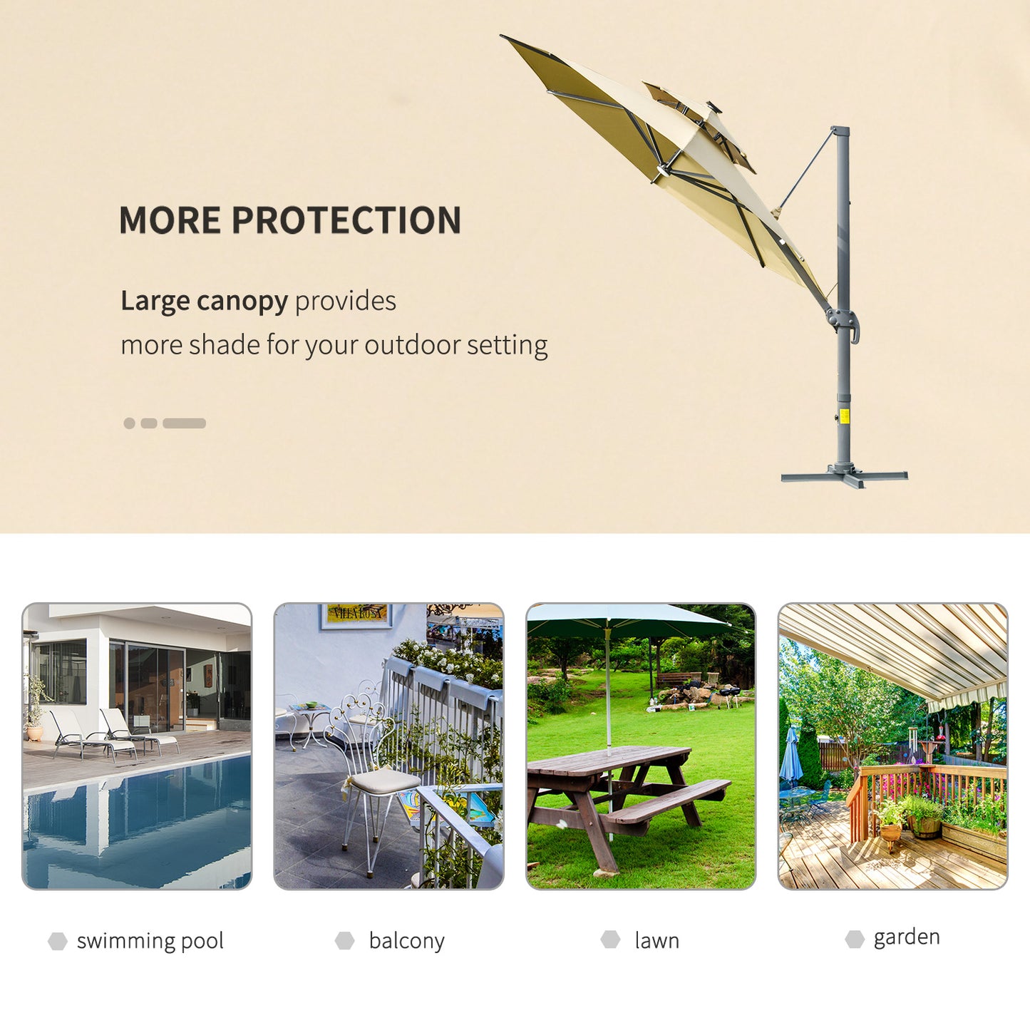 Outsunny 3m Cantilever Parasol z lampami solarnymi Power Bank Base 360° Spin Khaki