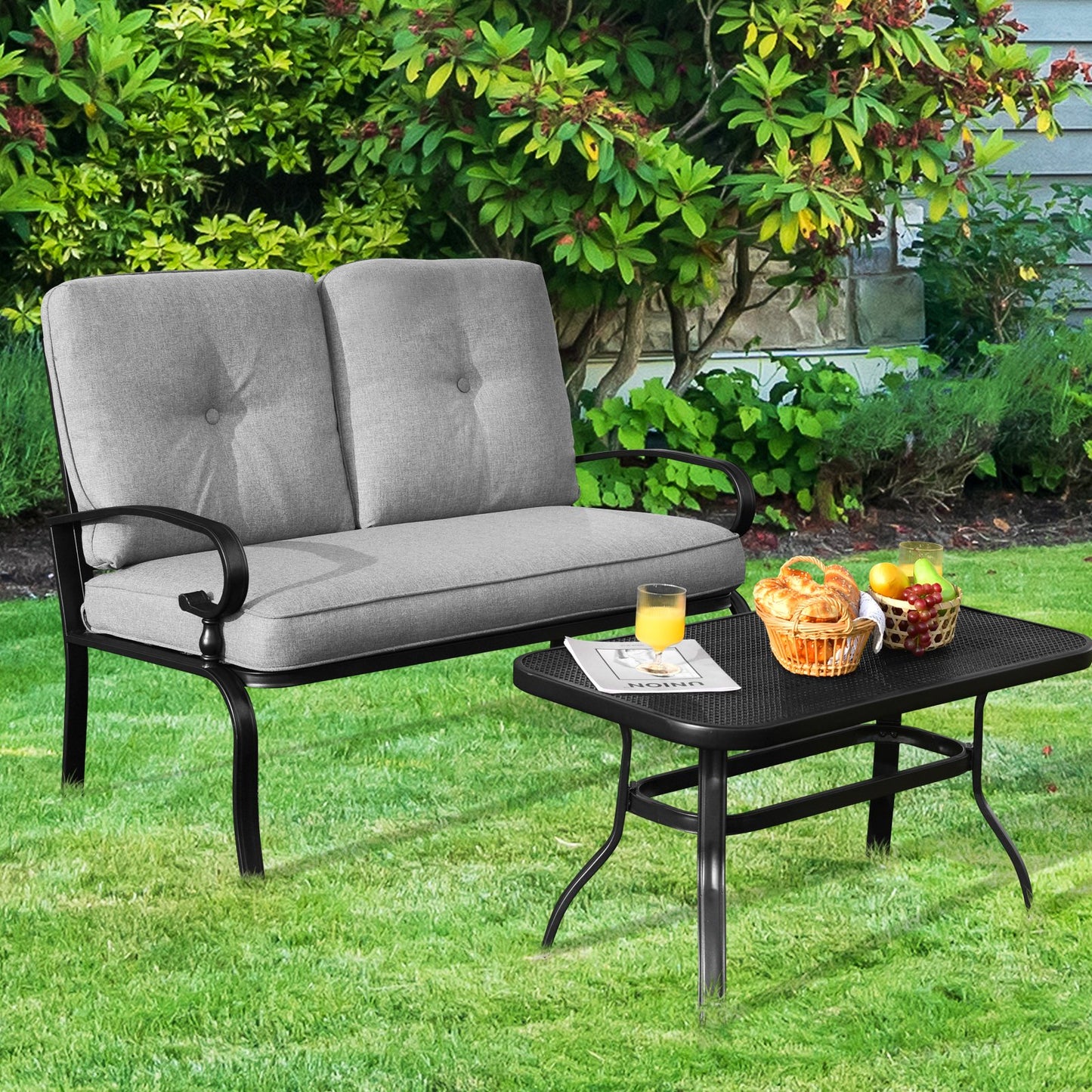 Garden Furniture Set with 2 Seat Cushioned Sofa and Coffee Table-Grey