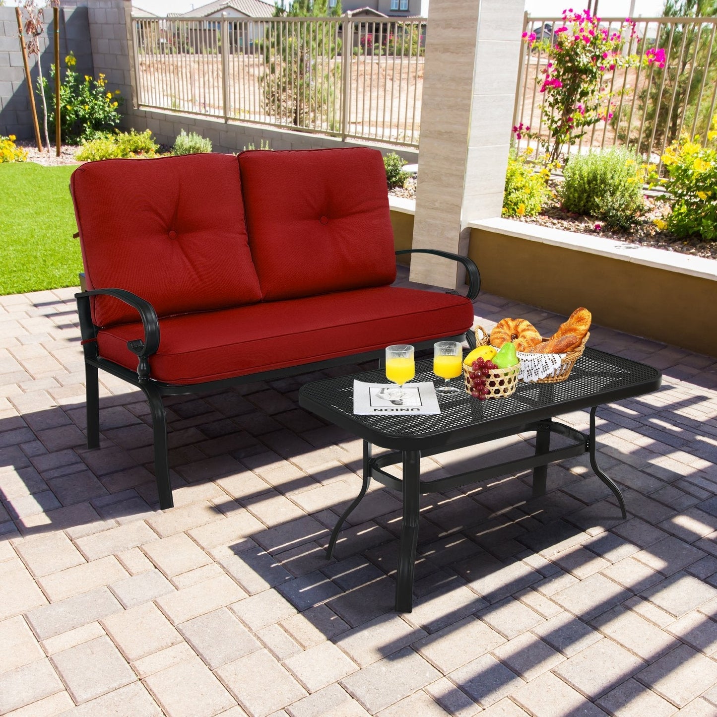 Garden Furniture Set with 2 Seat Cushioned Sofa and Coffee Table-Red